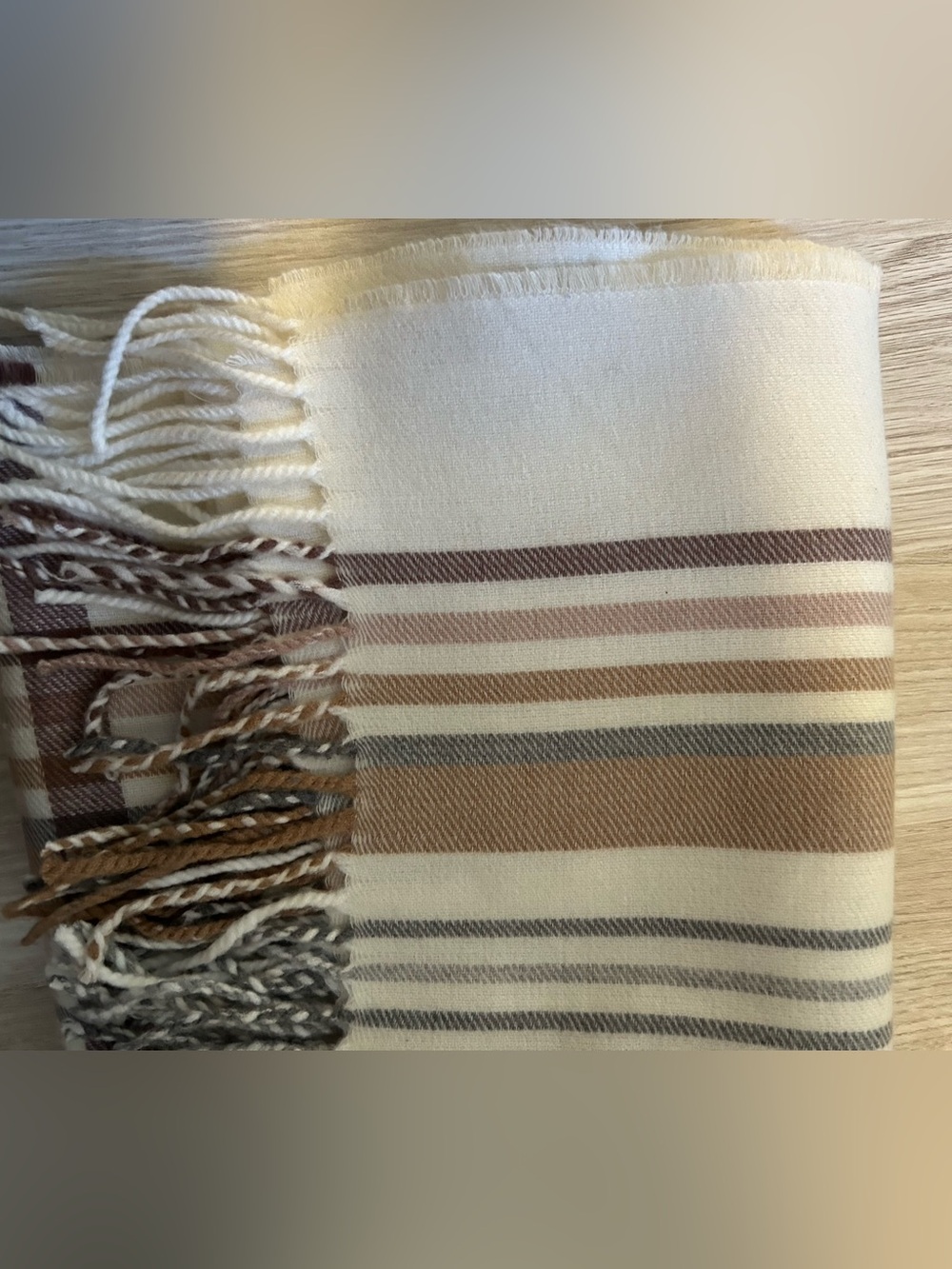 Reitmans Cream, Tan and Brown Striped Fringe Throw